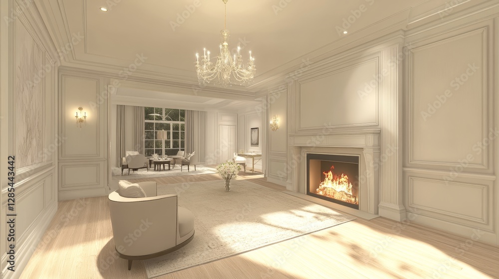 Obraz premium Bright and Minimal Interior With Modern Chairs and Fireplace on a Sunny Day in a Spacious Room