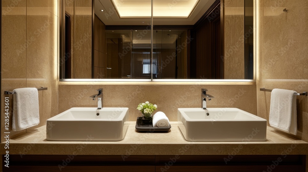 Fototapeta premium Elegant bathroom design with double sinks, polished faucets, and a wide frameless mirror reflecting a neutral-toned interior.