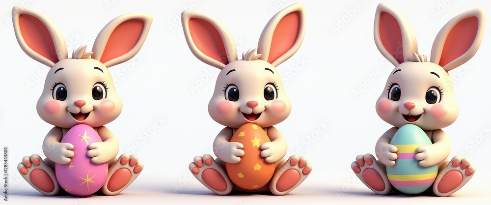 Easter Bunny Eggs Animation: Three Vibrant 3D Rendered Bunnies Holding Eggs Against a White Background. A set of three animated rabbits holding easter eggs. Easter Bunny Eggs Animation: Three Vibrant 3D Rendered Bunnies Holding Eggs Against a White Background. A set of three animated rabbits holding easter eggs.