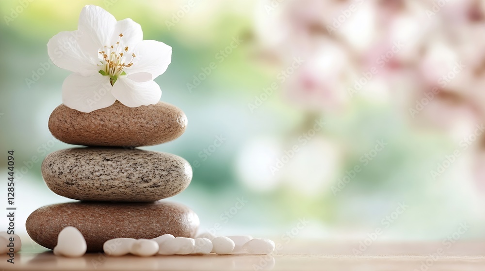 Serene Stacked Stones with White Flower on Natural Background Relaxation and Peaceful Vibes : Generative AI Serene Stacked Stones with White Flower on Natural Background Relaxation and Peaceful Vibes : Generative AI