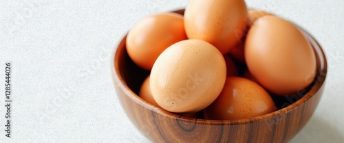 Easter Egg Display: Glossy Brown Eggs in a Wooden Bowl Against a White Background. A wooden bowl filled with brown eggs on a white surface. photo