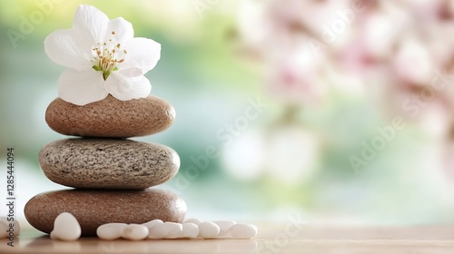 Serene Stacked Stones with White Flower on Natural Background Relaxation and Peaceful Vibes : Generative AI