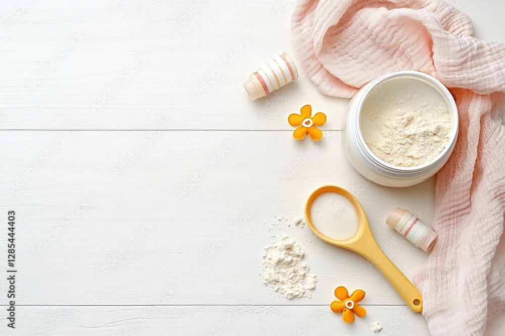 Flatlay Composition Baby Formula, Wooden Background, Pink Towel, Yellow Spoon, Baby Powder Baby Formula, Baby Powder Flatlay Composition Baby Formula, Wooden Background, Pink Towel, Yellow Spoon, Baby Powder Baby Formula, Baby Powder