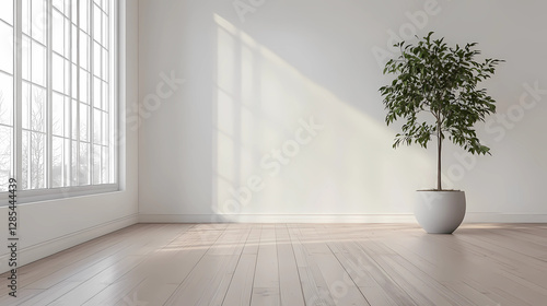 An empty white room with a wooden floor and a potted plant