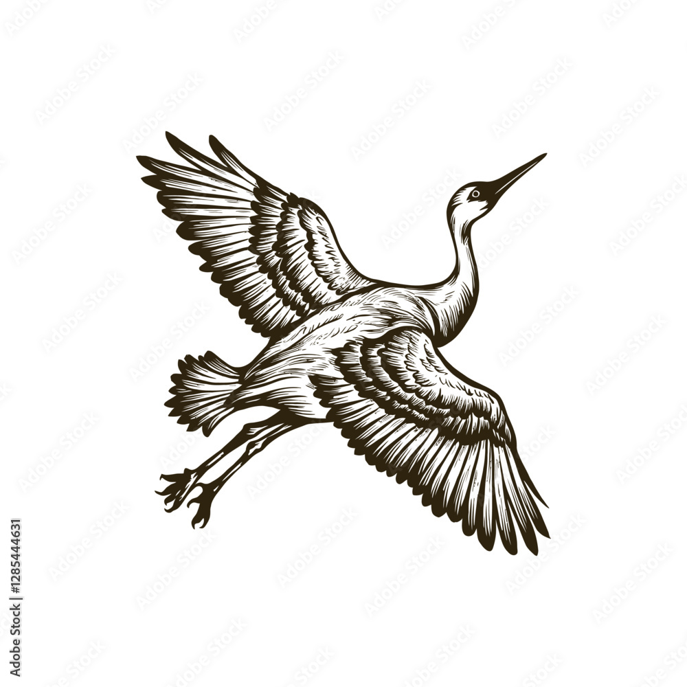 Fototapeta premium Sandhill crane woodcutting engraving vector art