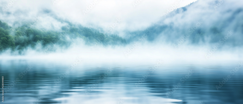 Fototapeta premium Misty water background with fog hovering over still lake surrounded by hills