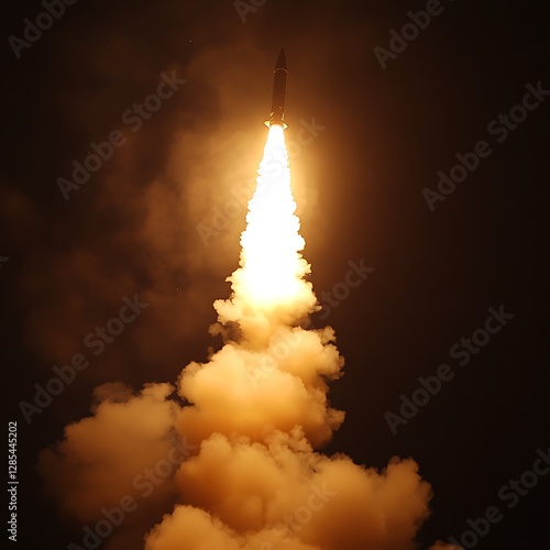 A rocket soars through the air with its engine ablaze