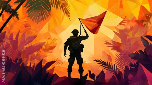 Adventurous explorer raising flag, silhouette of a determined figure amidst vibrant jungle backdrop, ideal for adventure themes. photo