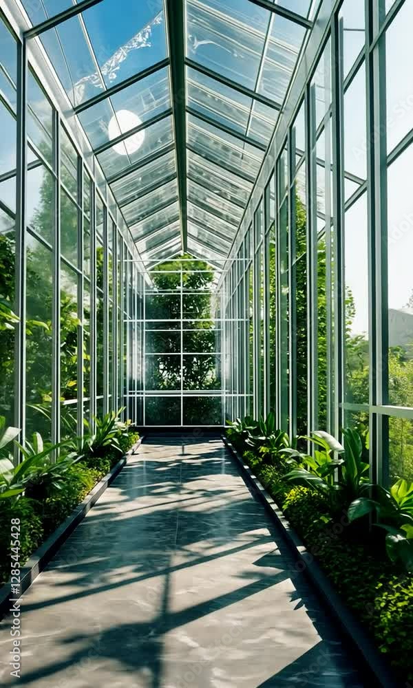 Lush Greenhouse Interior with Sunlight and Vibrant Plants Lush Greenhouse Interior with Sunlight and Vibrant Plants