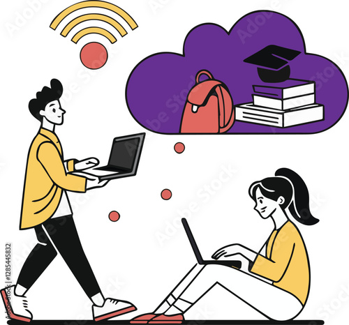 Flat vector Illustrations design technology remote working for online education and learning concept and students use computers for studying