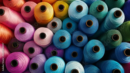 Colorful spools of thread arranged neatly in various shades creating a vibrant textile display