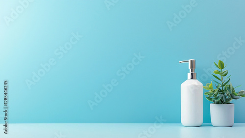 Wallpaper Mural White soap dispenser and green plant on blue background, minimalistic style Torontodigital.ca
