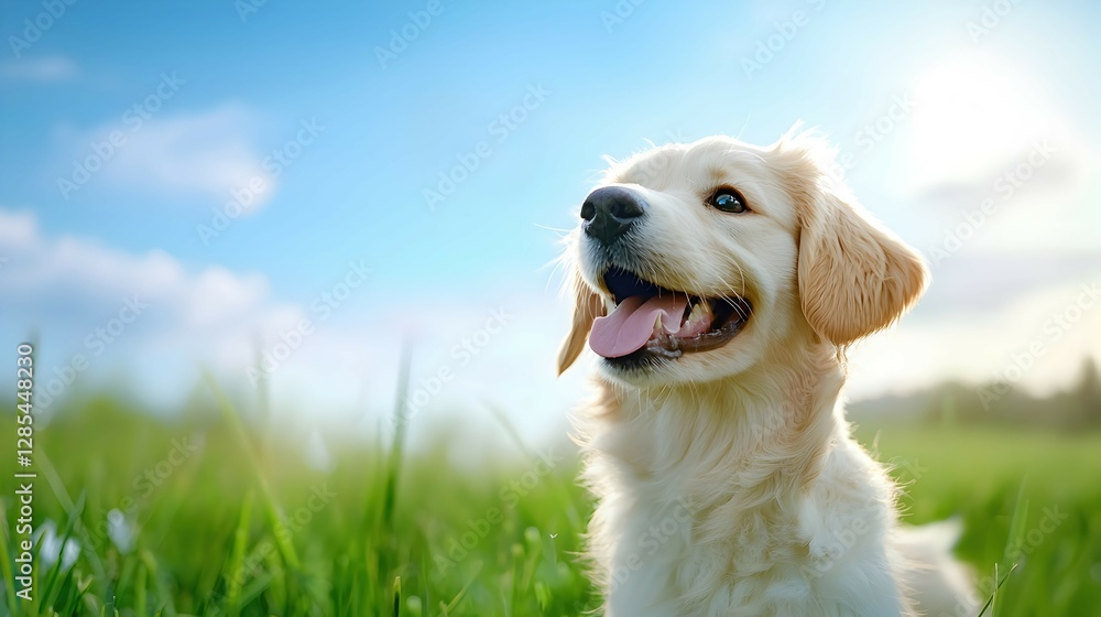 Joyful Golden Retriever Dog Smiling Outdoors in Sunlit Field Joyful Golden Retriever Dog Smiling Outdoors in Sunlit Field