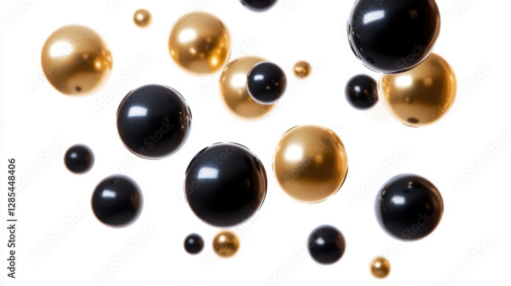 Gold and black helium balloons flying in a festive scene on a white background, ideal for creating a birthday or anniversary greeting banner. Gold and black helium balloons flying in a festive scene on a white background, ideal for creating a birthday or anniversary greeting banner.