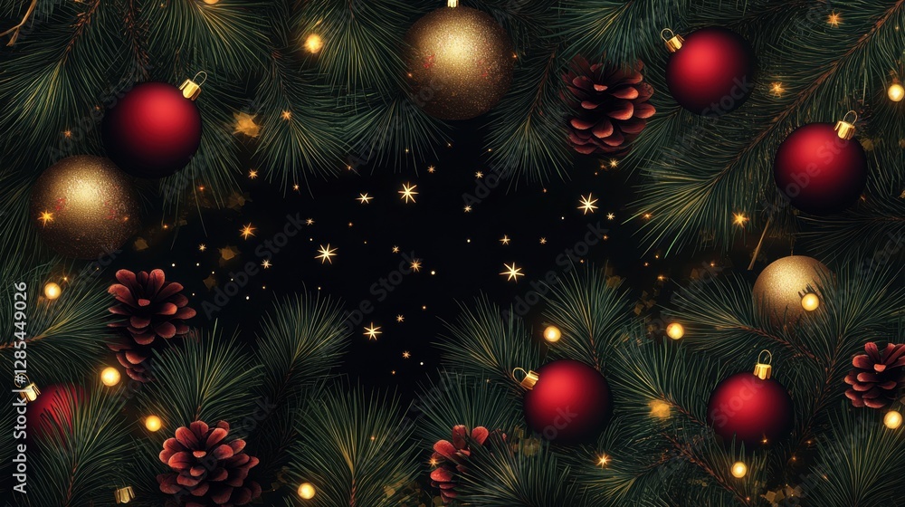 Holiday-themed seamless banner with pine branches, red balls, glowing golden lights, and stars on a clear, transparent background. Holiday-themed seamless banner with pine branches, red balls, glowing golden lights, and stars on a clear, transparent background.