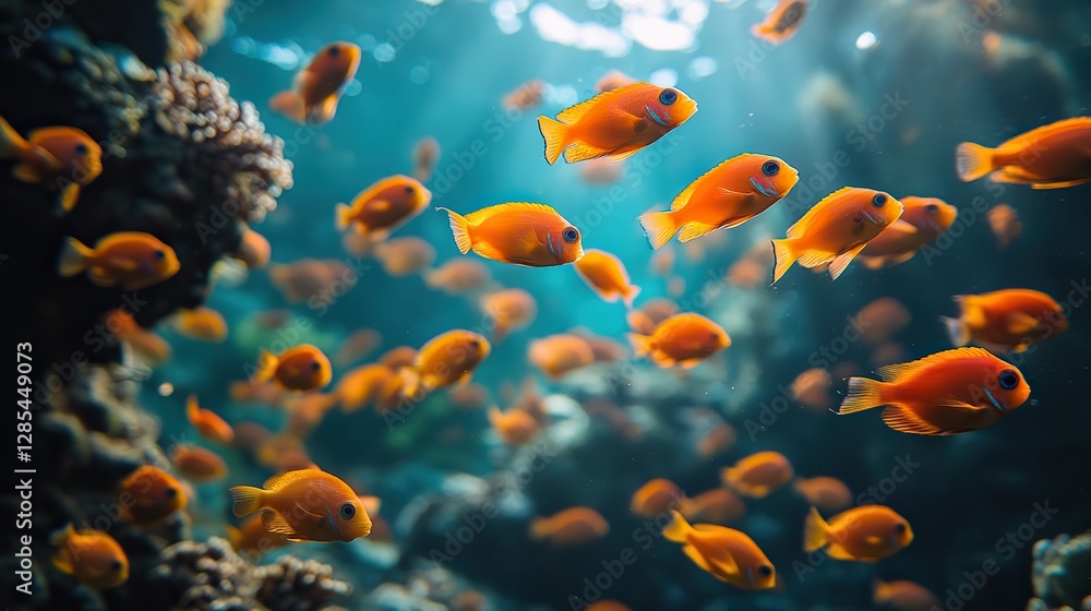 Fototapeta premium A vibrant underwater scene is filled with colorful fish darting amongst the coral reefs