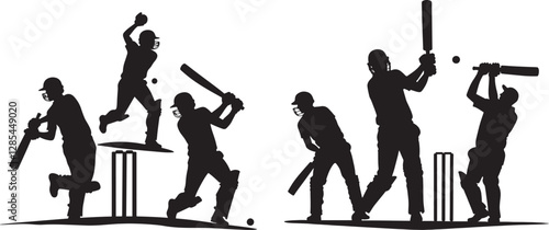 Silhouette set of cricket action vector art illustration with white background