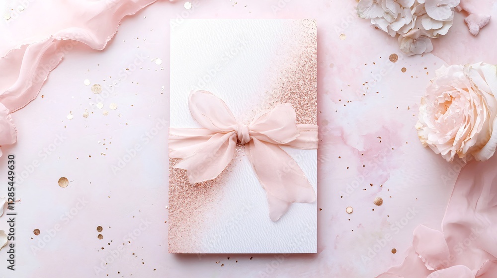 Elegant Pink and Gold Wedding Invitation Mockup with Floral Accents Elegant Pink and Gold Wedding Invitation Mockup with Floral Accents