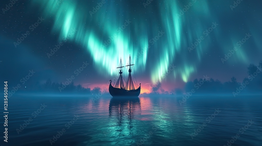 Fototapeta premium A Viking ship sails under the aurora borealis, a breathtaking sight