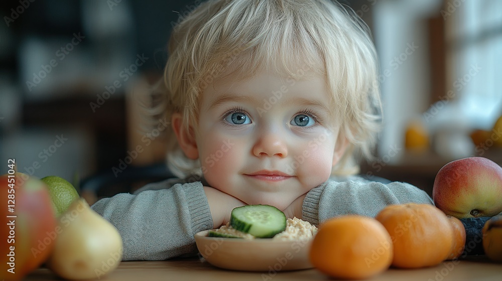 Fototapeta premium Baby eating healthy meal, home, fruit background, portrait