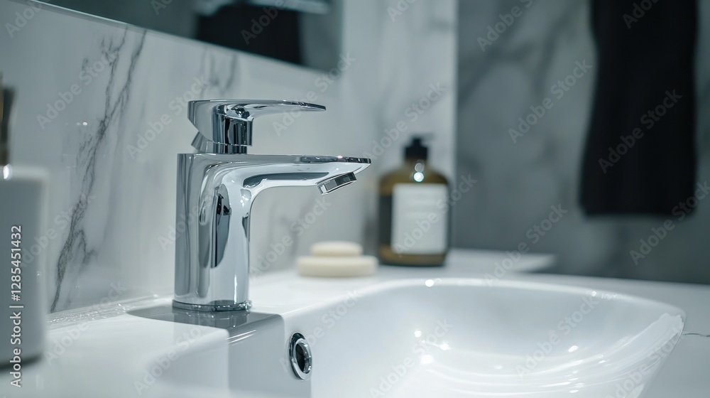 Modern bathroom with a countertop sink, a polished chrome faucet, and a frameless glass shower featuring a handheld spray head.