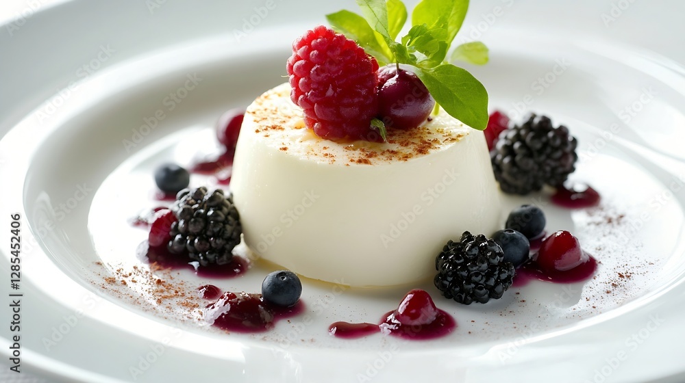 Delectable Dessert with Fresh Berries and Smooth Creamy Texture on White Plate : Generative AI Delectable Dessert with Fresh Berries and Smooth Creamy Texture on White Plate : Generative AI
