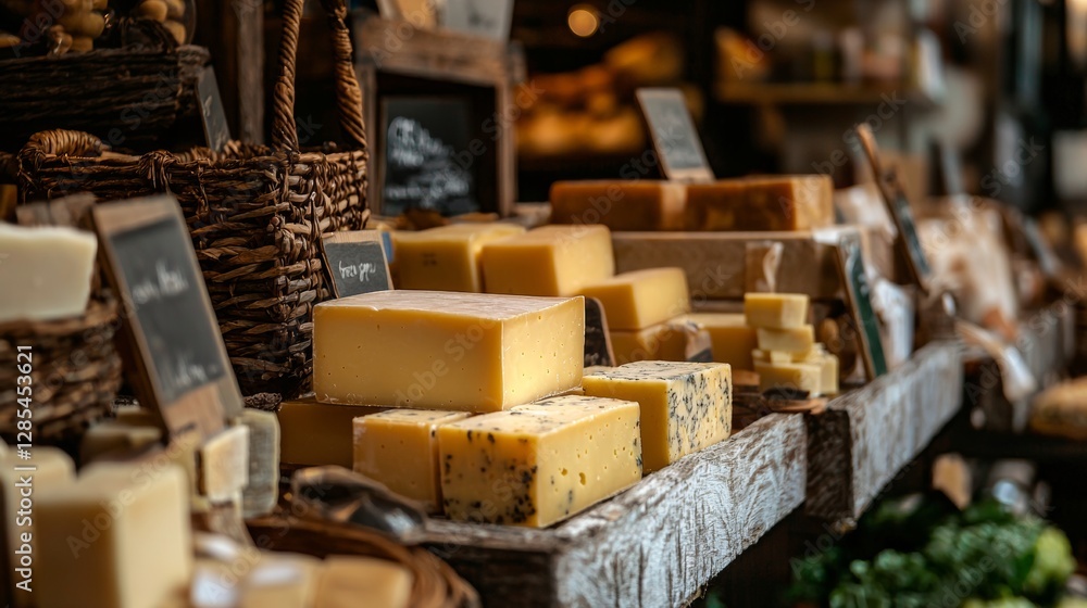 Obraz premium Artisan cheese shop with various cheese selections