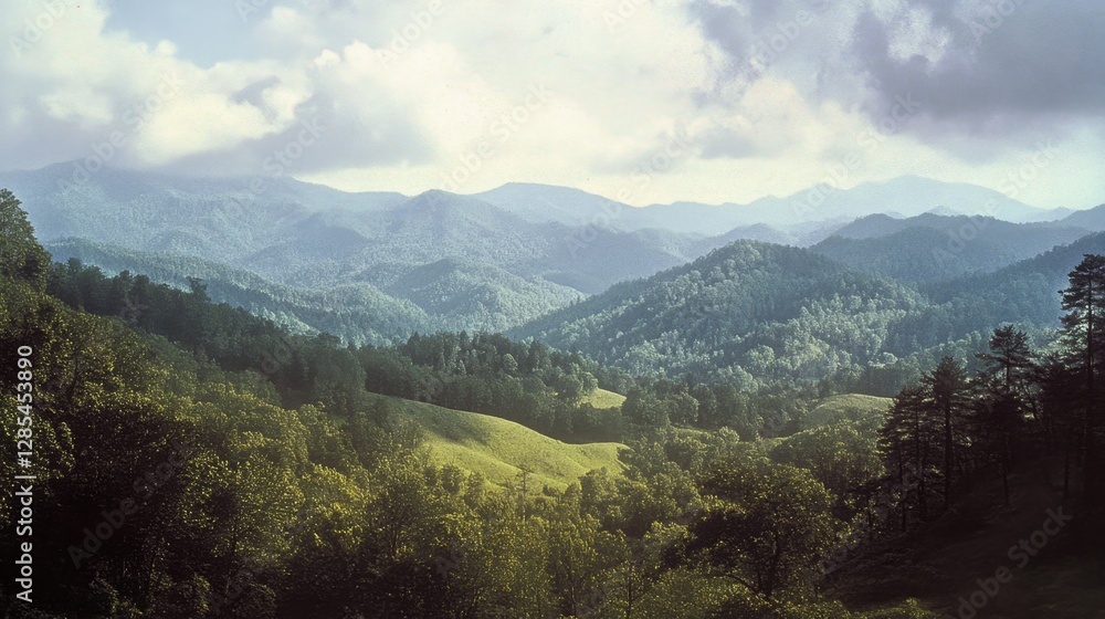 Rolling hills of the Great Smoky Mountains blanketed in spring greenery, with soft light breaking through the clouds. Rolling hills of the Great Smoky Mountains blanketed in spring greenery, with soft light breaking through the clouds.