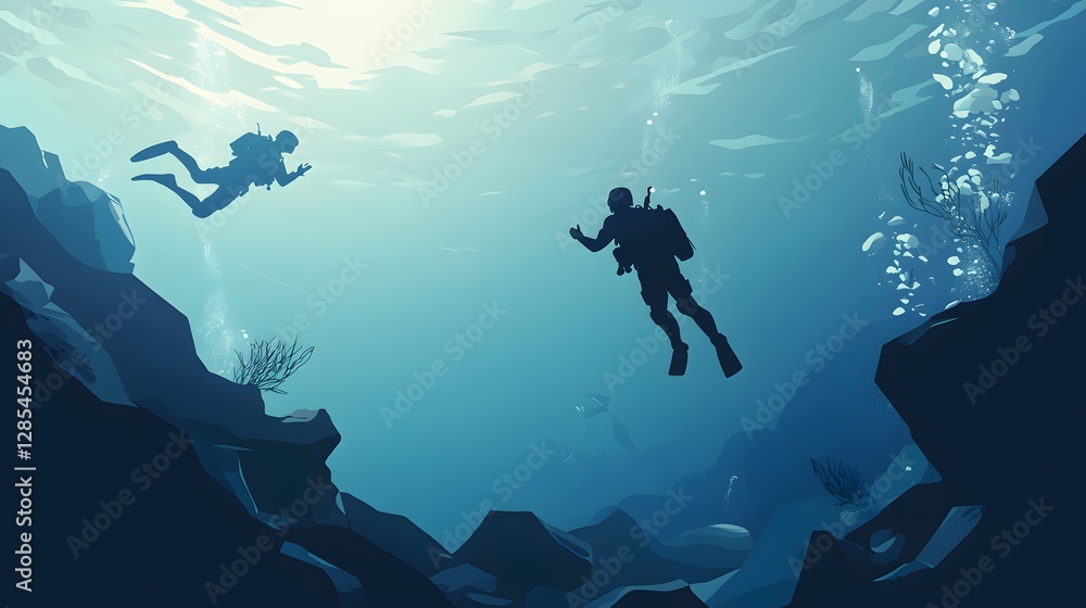 Obraz premium Two divers exploring an underwater canyon, vibrant blue waters, marine life visible, adventure and exploration theme.
