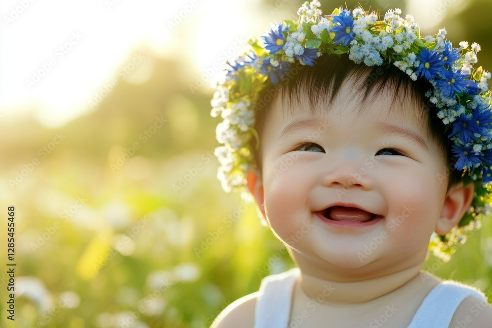 Happy summertime holidays visual idea. Smiling asian infant boy with tt hair wearing blue flower circlet on his head. Sunny daylight. Bright summer atmosphere for kids. Smiling little explorer. Happy summertime holidays visual idea. Smiling asian infant boy with tt hair wearing blue flower circlet on his head. Sunny daylight. Bright summer atmosphere for kids. Smiling little explorer.