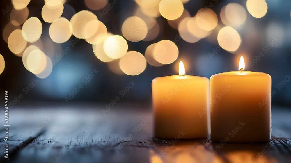 Warm glow of candlelight two candles with soft bokeh background creating serene cozy atmosphere : Generative AI Warm glow of candlelight two candles with soft bokeh background creating serene cozy atmosphere : Generative AI