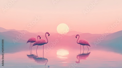 Serene flamingos at sunset, graceful pink birds reflected in calm water, tranquil landscape perfect for relaxation themes.