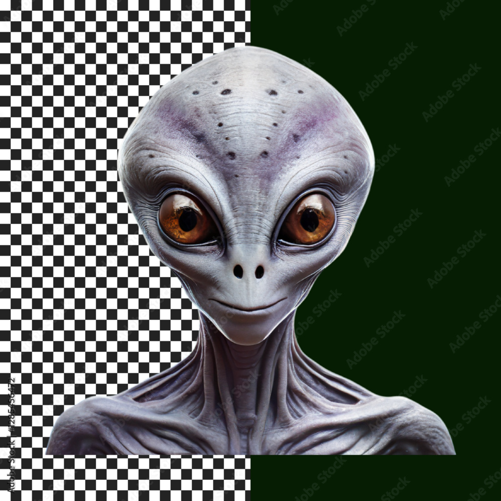 Mystical Alien Portrait with Gentle Smile and Cosmic Details on transparent background, png, psd
Mystical Alien Portrait with Gentle Smile and Cosmic Details on transparent background, png, psd