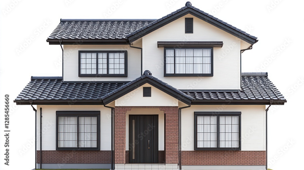 Two-story house with dark roof, white walls, and brick base, isolated on white. Two-story house with dark roof, white walls, and brick base, isolated on white.