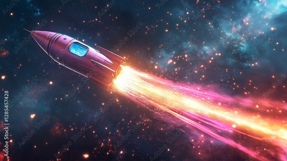 A bright pink rocket with a blue window travels into space, leaving behind it a trail of colourful light against a backdrop of stars. A bright pink rocket with a blue window travels into space, leaving behind it a trail of colourful light against a backdrop of stars.