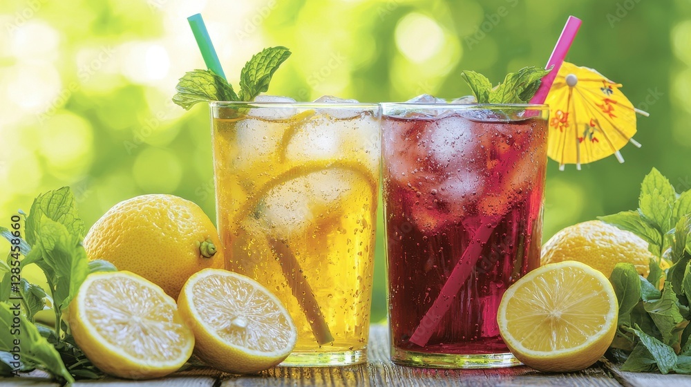 Fototapeta premium Refreshing Lemonade and Berry Drinks with Fresh Mint on Wood
