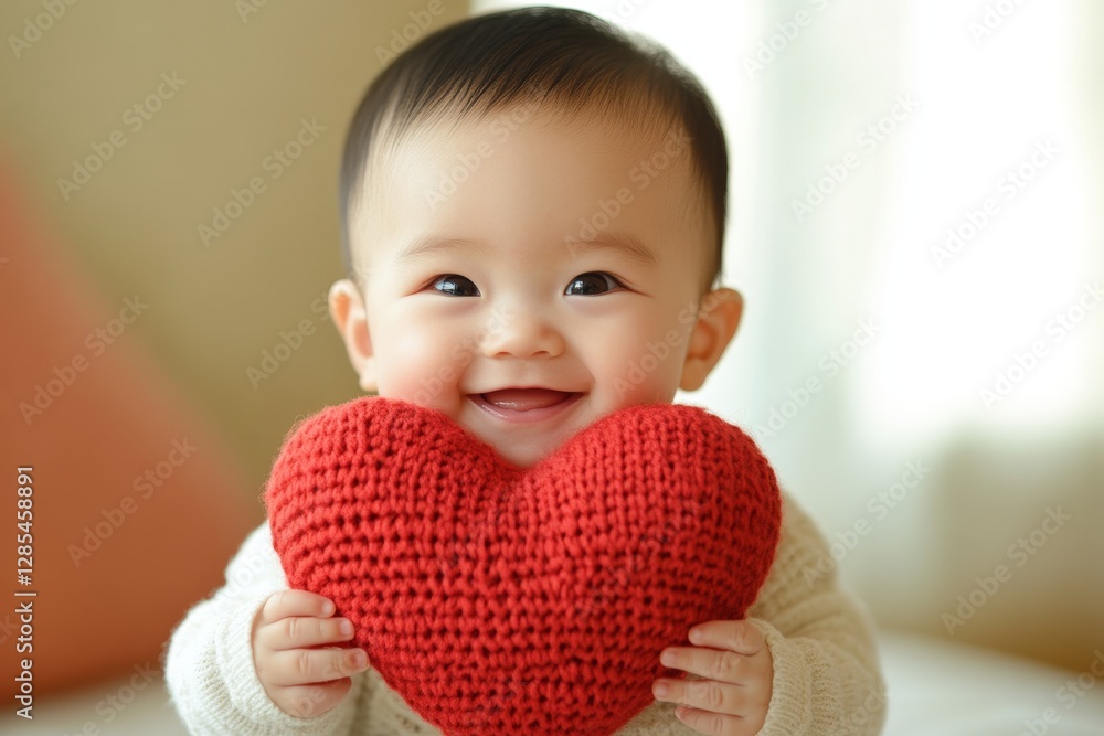 Valentine's day greeting and funny gift. Happy face cute asian baby boy with big knitted heart in hands. Love, joy, and family happiness. Family love on valentine's. Smiling baby with love. Valentine's day greeting and funny gift. Happy face cute asian baby boy with big knitted heart in hands. Love, joy, and family happiness. Family love on valentine's. Smiling baby with love.