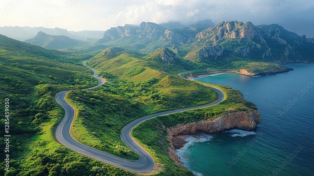 Fototapeta premium A winding road on a cliff top surrounded by greenery creates a serene landscape