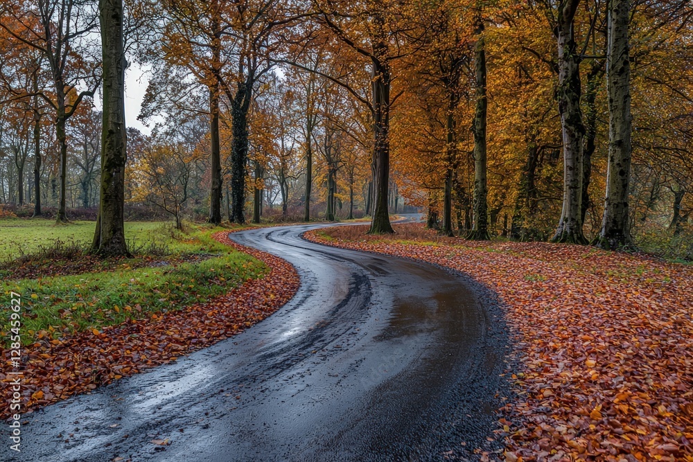 Autumn road winding through colorful trees, with fallen leaves Autumn road winding through colorful trees, with fallen leaves