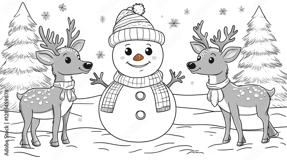 Naklejka premium A winter illustration coloring page with a cute snowman and reindeer friends.