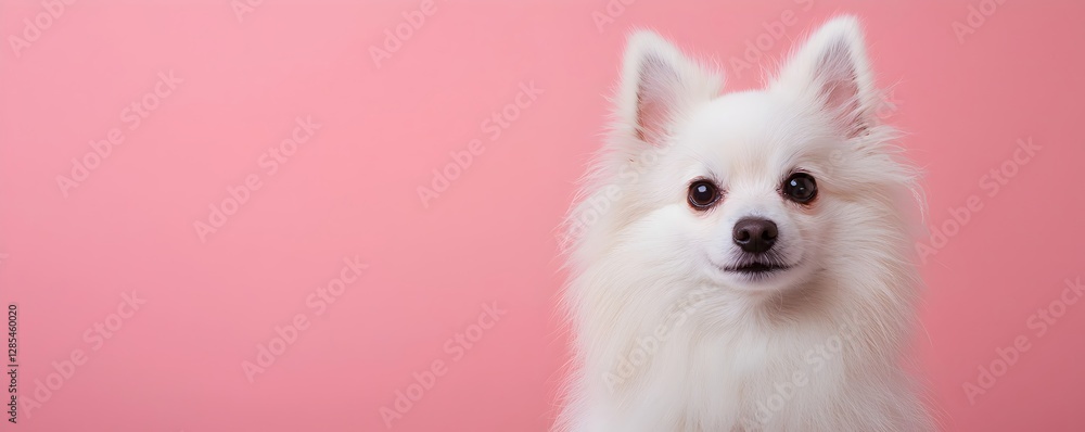 Obraz premium Cute White Dog with Fluffy Fur Posing Against Pink Background