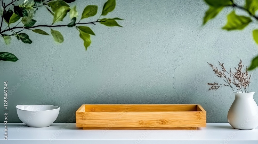 Light Wooden Tray on White Surface with Teal Textured Background Light Wooden Tray on White Surface with Teal Textured Background
