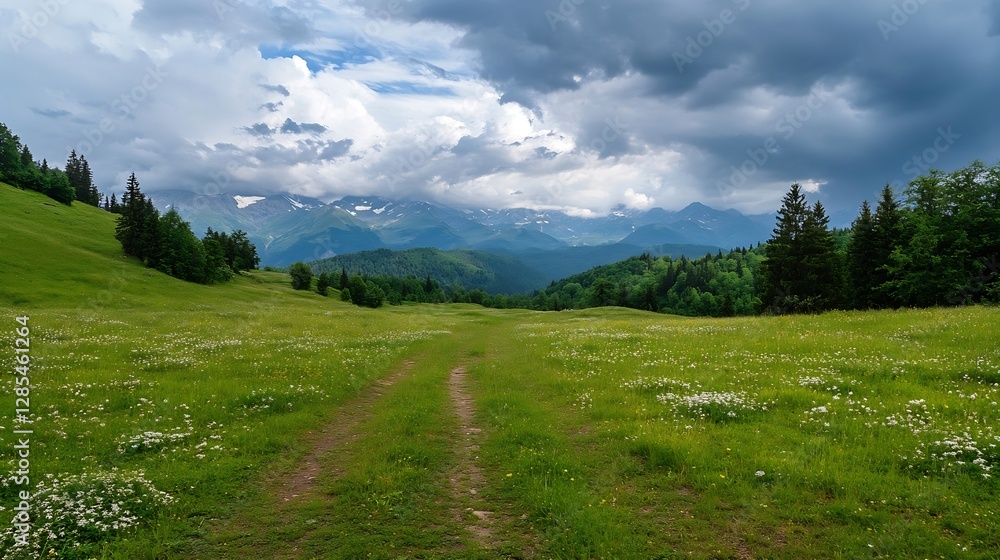 Scenic Mountain Landscape with Lush Green Grass Under Dramatic Clouds on a Summer Day : Generative AI Scenic Mountain Landscape with Lush Green Grass Under Dramatic Clouds on a Summer Day : Generative AI