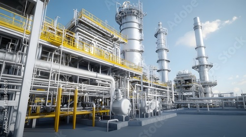 A detailed shot of a sulfur recovery unit in a petrochemical refinery showcasing the advanced technology and equipment used to reduce emissions and promote sustainable energy production