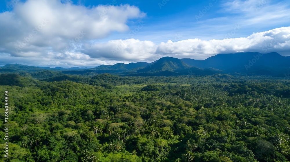 Breathtaking aerial view of lush tropical forest under a bright blue sky with fluffy clouds : Generative AI
