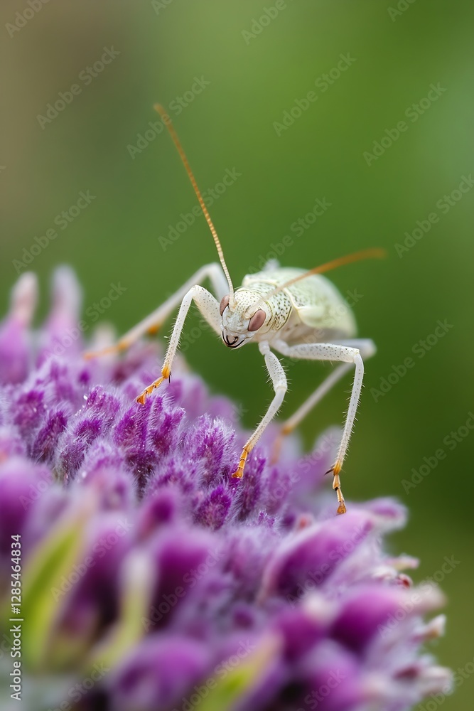 Close Up of a Vibrant Green Grasshopper Sitting on a Purple Flower Petal : Generative AI Close Up of a Vibrant Green Grasshopper Sitting on a Purple Flower Petal : Generative AI