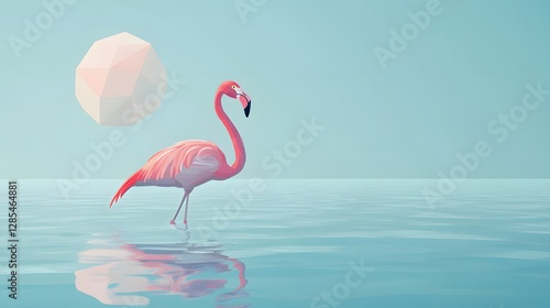 Elegant flamingo standing gracefully in serene water, pastel colors reflecting mood, perfect for wellness or relaxation themes.