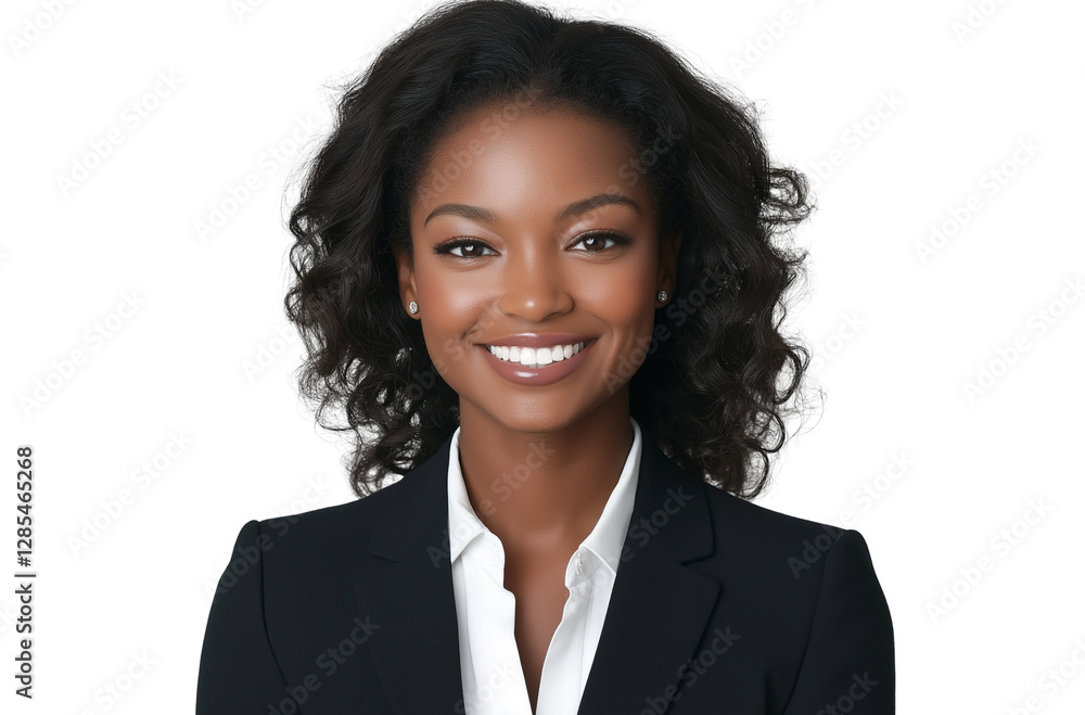 A photograph of an attractive African American female news anchor smiling, wearing a black suit with a white shirt and blazer jacket on a transparent background A photograph of an attractive African American female news anchor smiling, wearing a black suit with a white shirt and blazer jacket on a transparent background