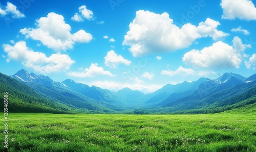 a stunning landscape of a green meadow and distant mountains under a bright blue sky with fluffy clouds. The image evokes a sense of tranquility and natural beauty