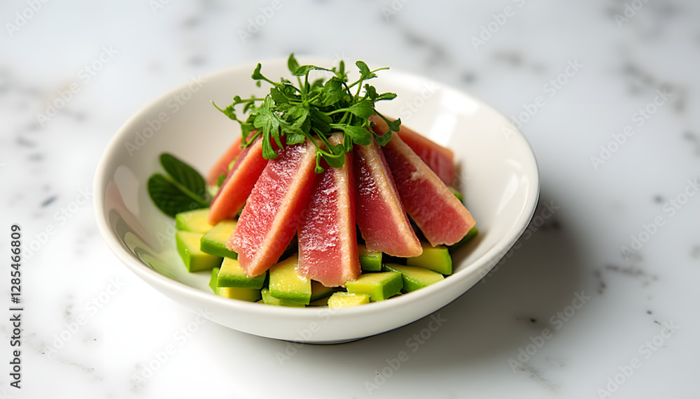 Zooge Bowl with tuna, micro greens, avocado, white marble background, clean composition Zooge Bowl with tuna, micro greens, avocado, white marble background, clean composition